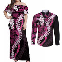 Akala Aloha Hawaii Lei Couples Matching Off Shoulder Maxi Dress and Long Sleeve Button Shirt Tropical Flowers Elegant Vibe LT14 Pink - Polynesian Pride