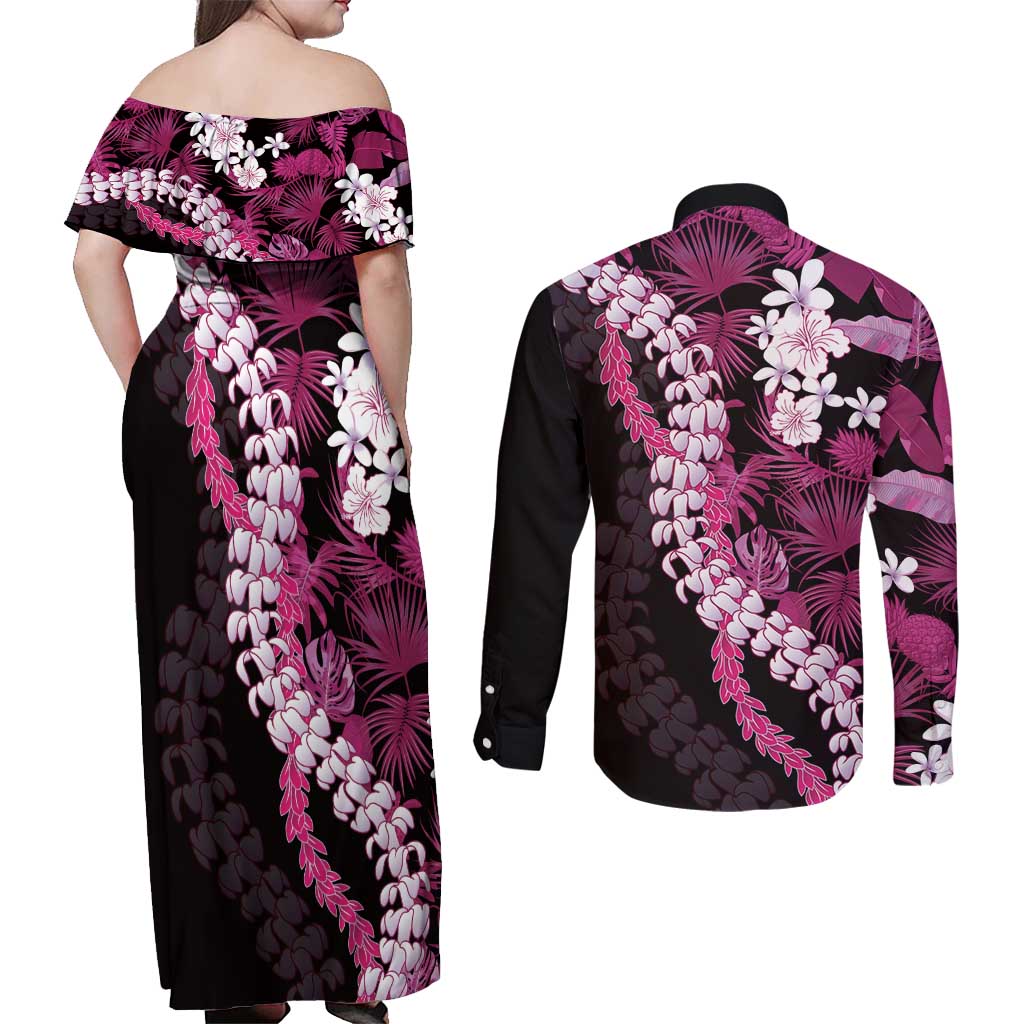 Akala Aloha Hawaii Lei Couples Matching Off Shoulder Maxi Dress and Long Sleeve Button Shirt Tropical Flowers Elegant Vibe LT14 - Polynesian Pride