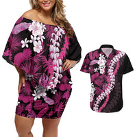 Akala Aloha Hawaii Lei Couples Matching Off Shoulder Short Dress and Hawaiian Shirt Tropical Flowers Elegant Vibe LT14 Pink - Polynesian Pride