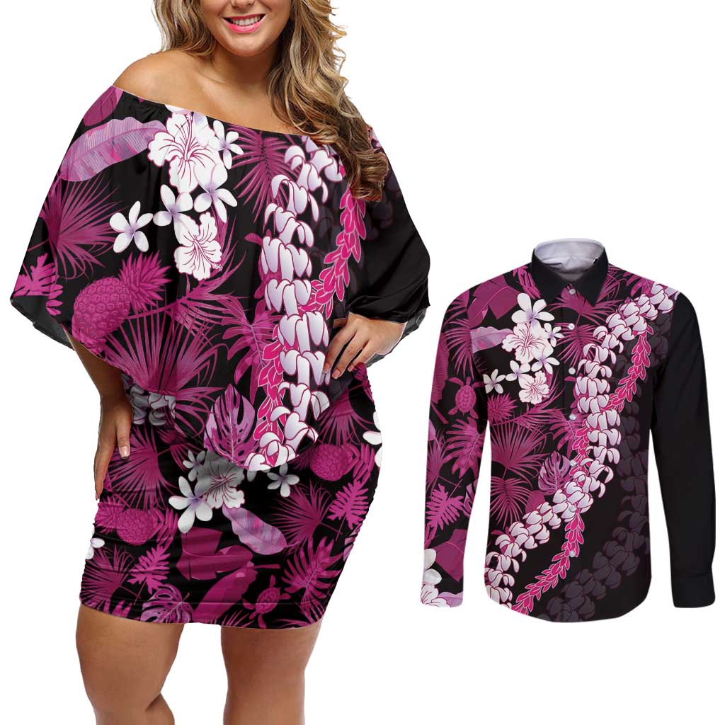 Akala Aloha Hawaii Lei Couples Matching Off Shoulder Short Dress and Long Sleeve Button Shirt Tropical Flowers Elegant Vibe LT14 Pink - Polynesian Pride