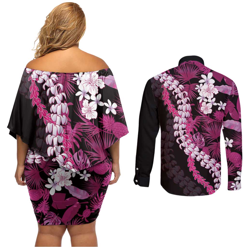Akala Aloha Hawaii Lei Couples Matching Off Shoulder Short Dress and Long Sleeve Button Shirt Tropical Flowers Elegant Vibe LT14 - Polynesian Pride