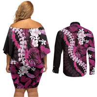 Akala Aloha Hawaii Lei Couples Matching Off Shoulder Short Dress and Long Sleeve Button Shirt Tropical Flowers Elegant Vibe LT14 - Polynesian Pride