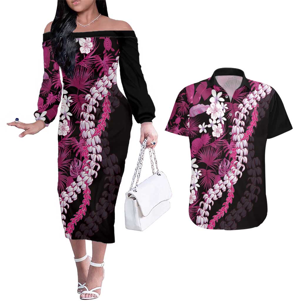 Akala Aloha Hawaii Lei Couples Matching Off The Shoulder Long Sleeve Dress and Hawaiian Shirt Tropical Flowers Elegant Vibe LT14 Pink - Polynesian Pride