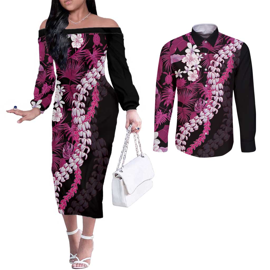 Akala Aloha Hawaii Lei Couples Matching Off The Shoulder Long Sleeve Dress and Long Sleeve Button Shirt Tropical Flowers Elegant Vibe LT14 Pink - Polynesian Pride