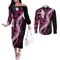 Akala Aloha Hawaii Lei Couples Matching Off The Shoulder Long Sleeve Dress and Long Sleeve Button Shirt Tropical Flowers Elegant Vibe LT14 Pink - Polynesian Pride