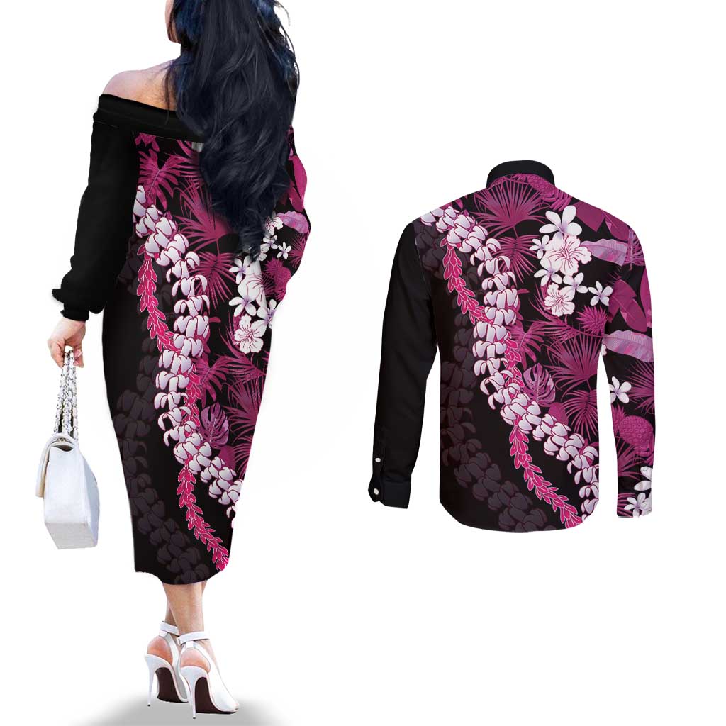 Akala Aloha Hawaii Lei Couples Matching Off The Shoulder Long Sleeve Dress and Long Sleeve Button Shirt Tropical Flowers Elegant Vibe LT14 - Polynesian Pride