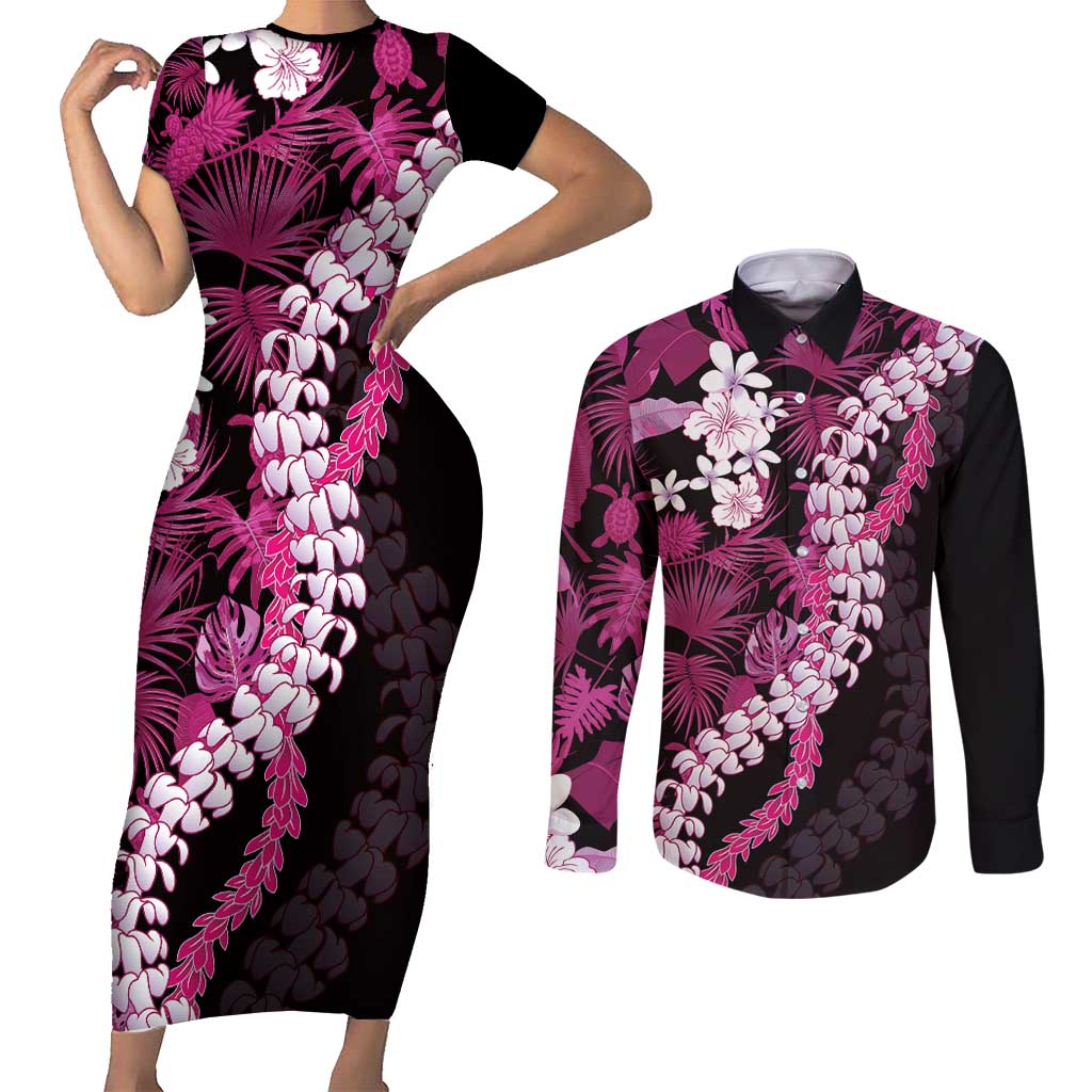 Akala Aloha Hawaii Lei Couples Matching Short Sleeve Bodycon Dress and Long Sleeve Button Shirt Tropical Flowers Elegant Vibe LT14 Pink - Polynesian Pride