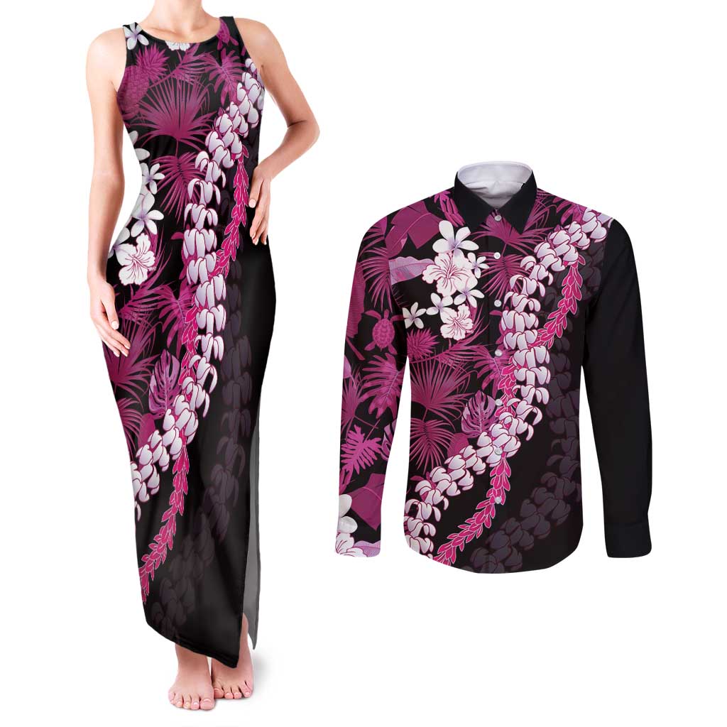 Akala Aloha Hawaii Lei Couples Matching Tank Maxi Dress and Long Sleeve Button Shirt Tropical Flowers Elegant Vibe LT14 Pink - Polynesian Pride
