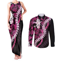 Akala Aloha Hawaii Lei Couples Matching Tank Maxi Dress and Long Sleeve Button Shirt Tropical Flowers Elegant Vibe LT14 Pink - Polynesian Pride