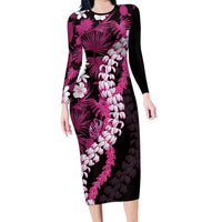 Akala Aloha Hawaii Lei Family Matching Long Sleeve Bodycon Dress and Hawaiian Shirt Tropical Flowers Elegant Vibe LT14 Mom's Dress Pink - Polynesian Pride