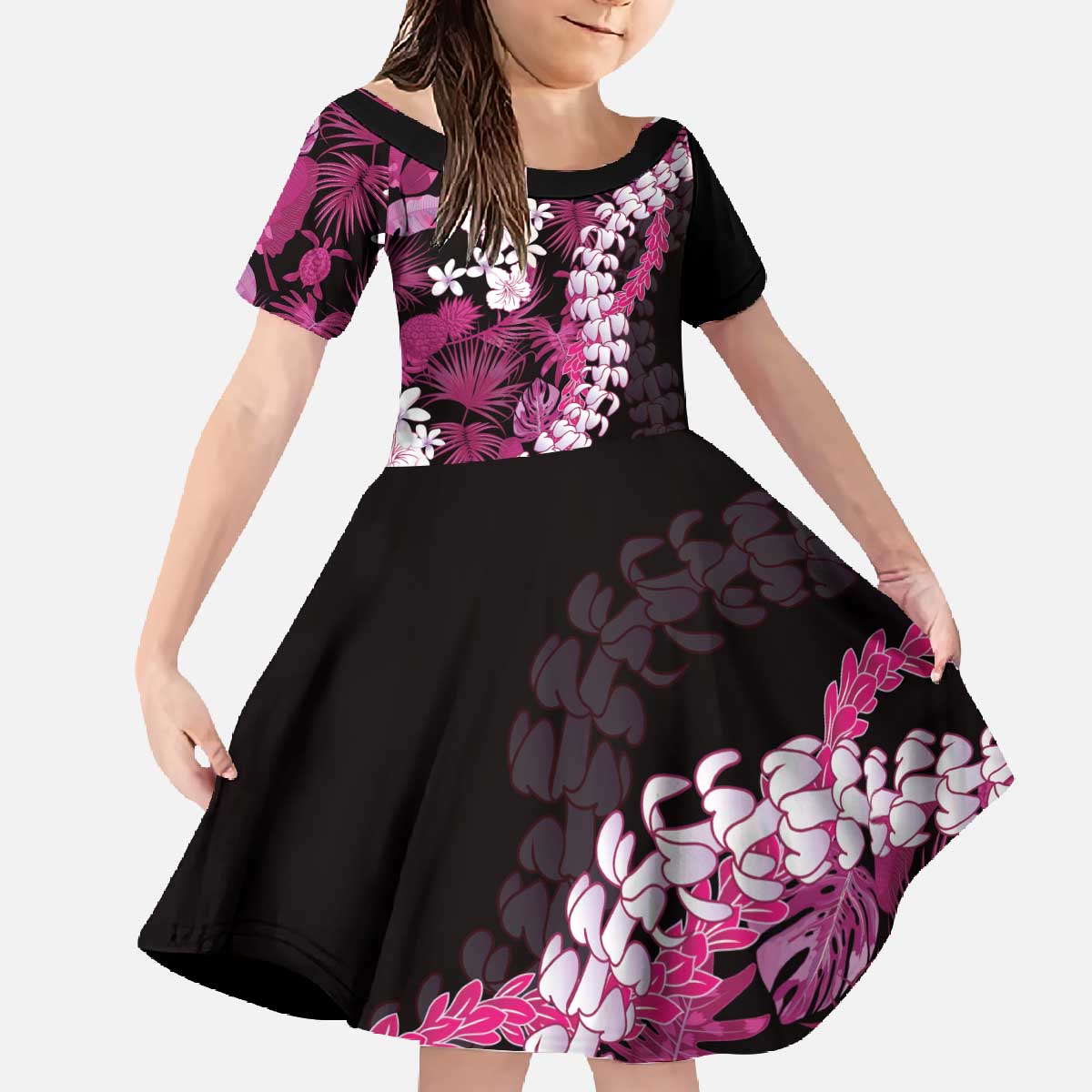 Akala Aloha Hawaii Lei Family Matching Off The Shoulder Long Sleeve Dress and Hawaiian Shirt Tropical Flowers Elegant Vibe LT14 Daughter's Dress Pink - Polynesian Pride