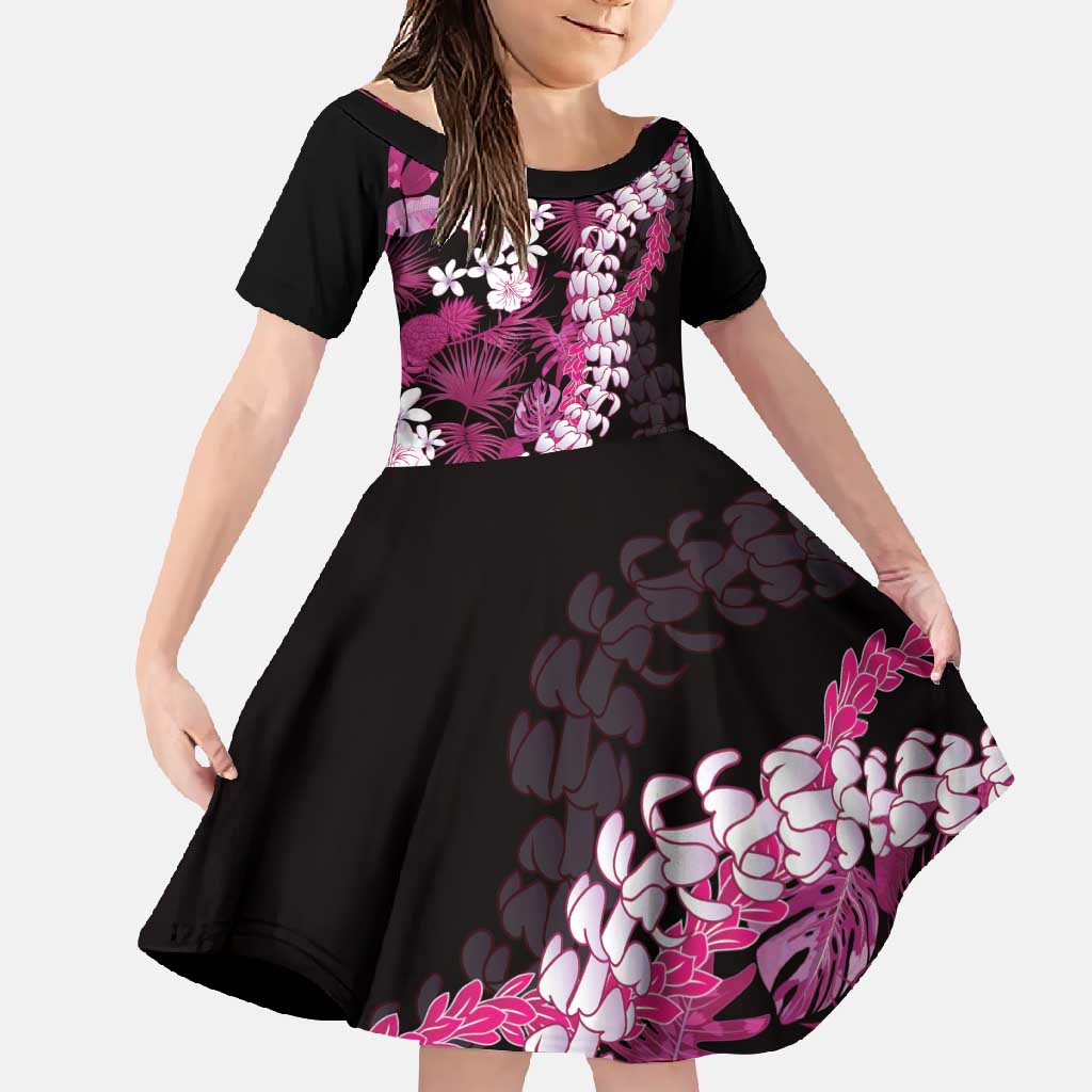 Akala Aloha Hawaii Lei Family Matching Off Shoulder Maxi Dress and Hawaiian Shirt Tropical Flowers Elegant Vibe LT14 Daughter's Dress Pink - Polynesian Pride