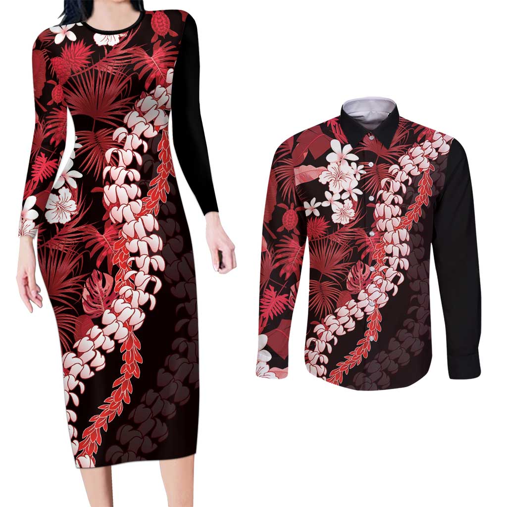 Ulaula Aloha Hawaii Lei Couples Matching Long Sleeve Bodycon Dress and Long Sleeve Button Shirt Tropical Flowers Elegant Vibe LT14 Red - Polynesian Pride