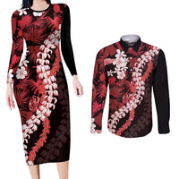 Ulaula Aloha Hawaii Lei Couples Matching Long Sleeve Bodycon Dress and Long Sleeve Button Shirt Tropical Flowers Elegant Vibe LT14 Red - Polynesian Pride