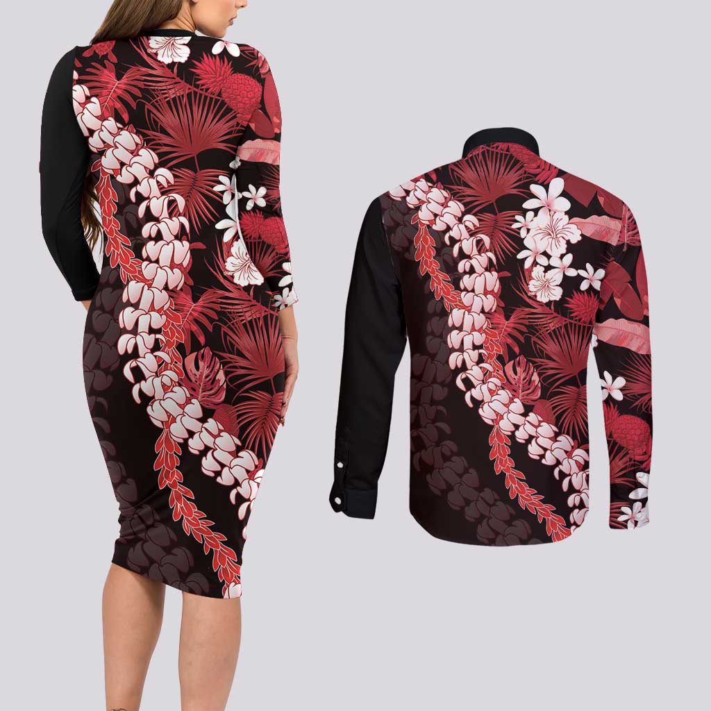 Ulaula Aloha Hawaii Lei Couples Matching Long Sleeve Bodycon Dress and Long Sleeve Button Shirt Tropical Flowers Elegant Vibe LT14 - Polynesian Pride