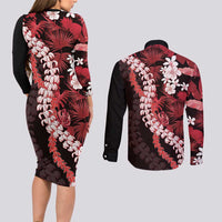 Ulaula Aloha Hawaii Lei Couples Matching Long Sleeve Bodycon Dress and Long Sleeve Button Shirt Tropical Flowers Elegant Vibe LT14 - Polynesian Pride