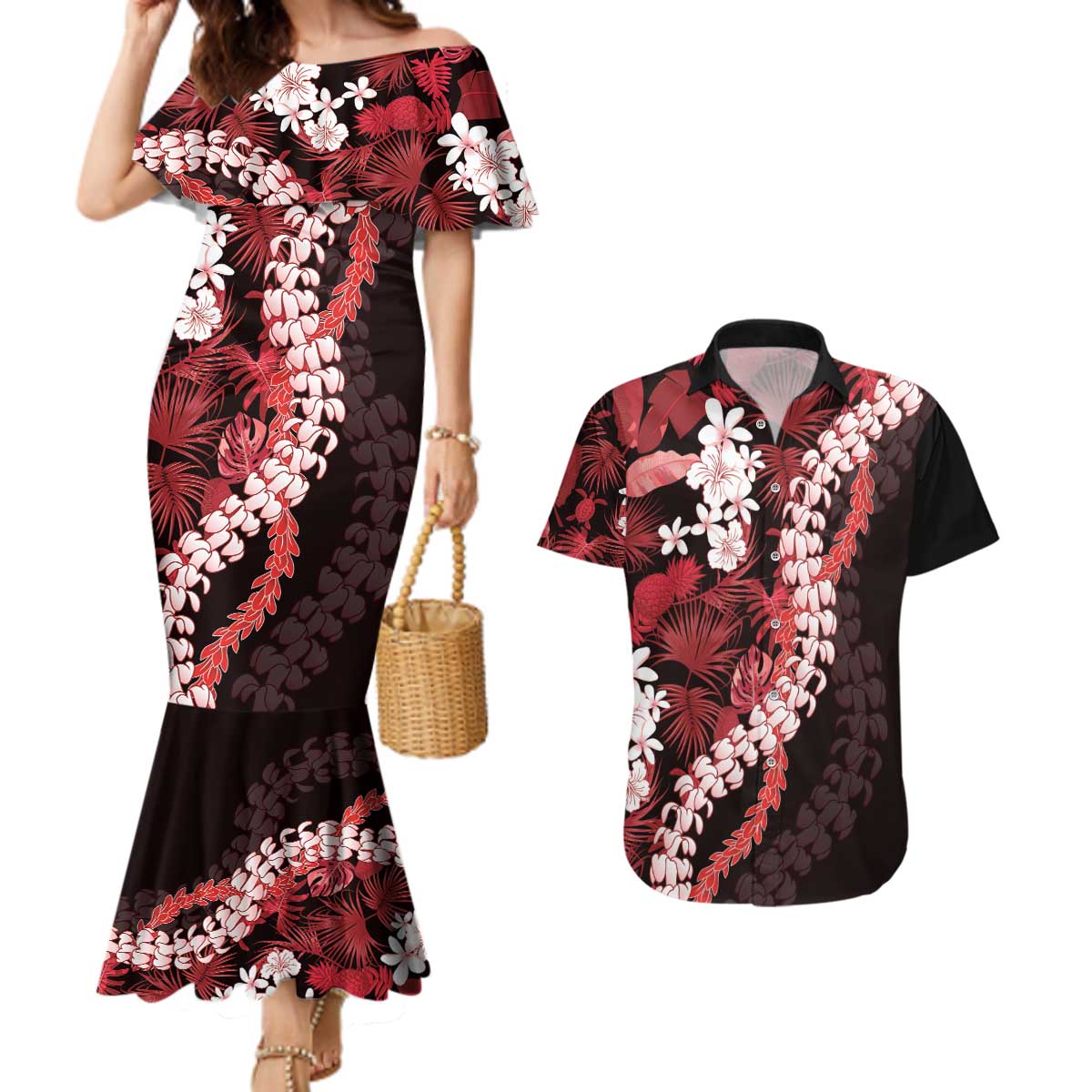 Ulaula Aloha Hawaii Lei Couples Matching Mermaid Dress and Hawaiian Shirt Tropical Flowers Elegant Vibe LT14 Red - Polynesian Pride