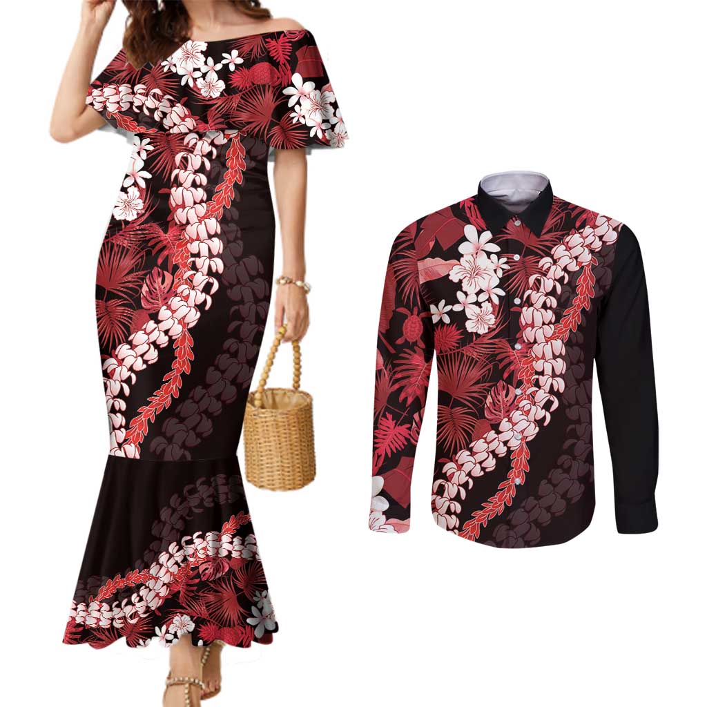Ulaula Aloha Hawaii Lei Couples Matching Mermaid Dress and Long Sleeve Button Shirt Tropical Flowers Elegant Vibe LT14 Red - Polynesian Pride