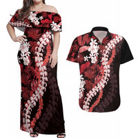 Ulaula Aloha Hawaii Lei Couples Matching Off Shoulder Maxi Dress and Hawaiian Shirt Tropical Flowers Elegant Vibe LT14 Red - Polynesian Pride