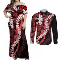Ulaula Aloha Hawaii Lei Couples Matching Off Shoulder Maxi Dress and Long Sleeve Button Shirt Tropical Flowers Elegant Vibe LT14 Red - Polynesian Pride