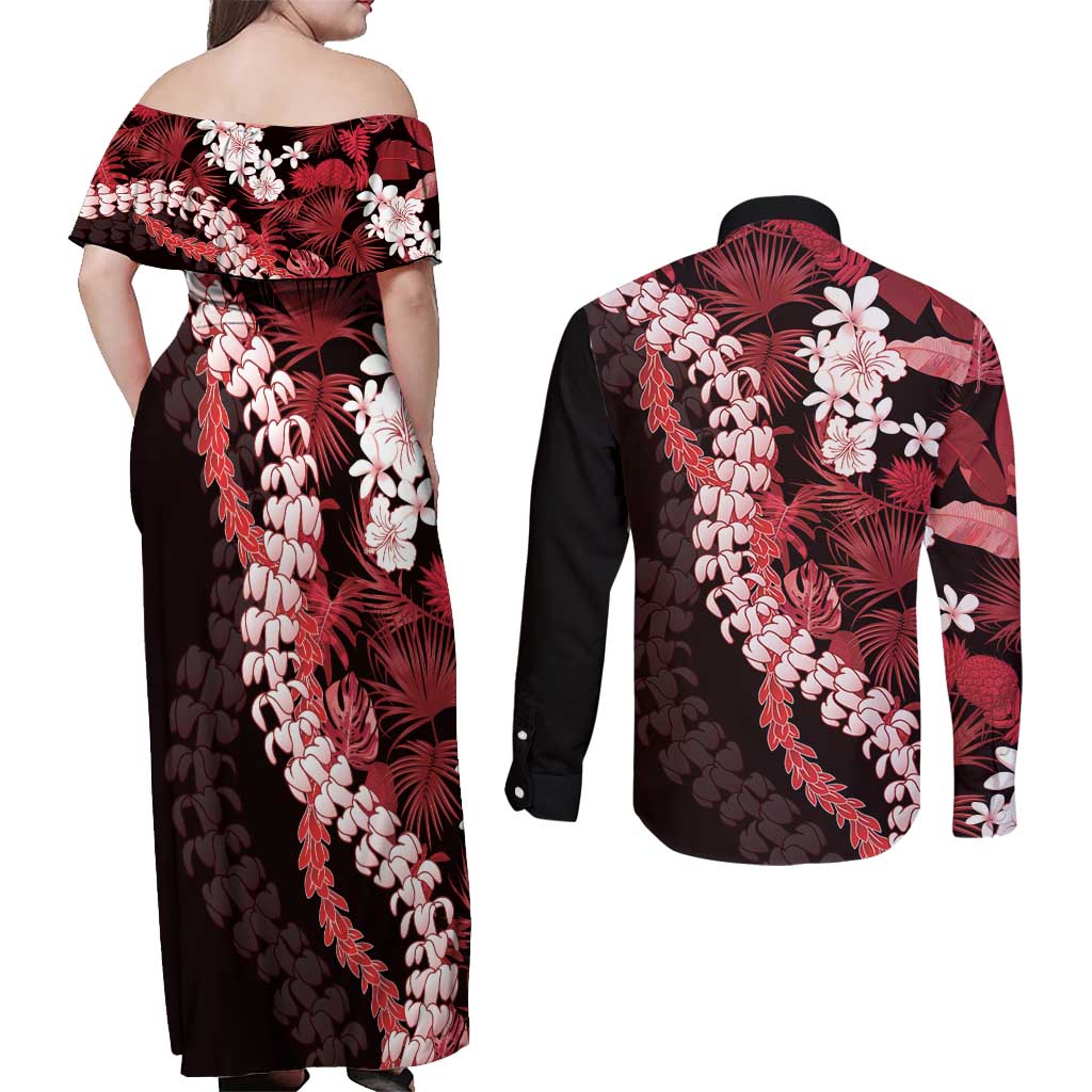 Ulaula Aloha Hawaii Lei Couples Matching Off Shoulder Maxi Dress and Long Sleeve Button Shirt Tropical Flowers Elegant Vibe LT14 - Polynesian Pride