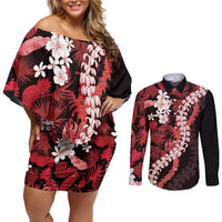 Ulaula Aloha Hawaii Lei Couples Matching Off Shoulder Short Dress and Long Sleeve Button Shirt Tropical Flowers Elegant Vibe LT14 Red - Polynesian Pride