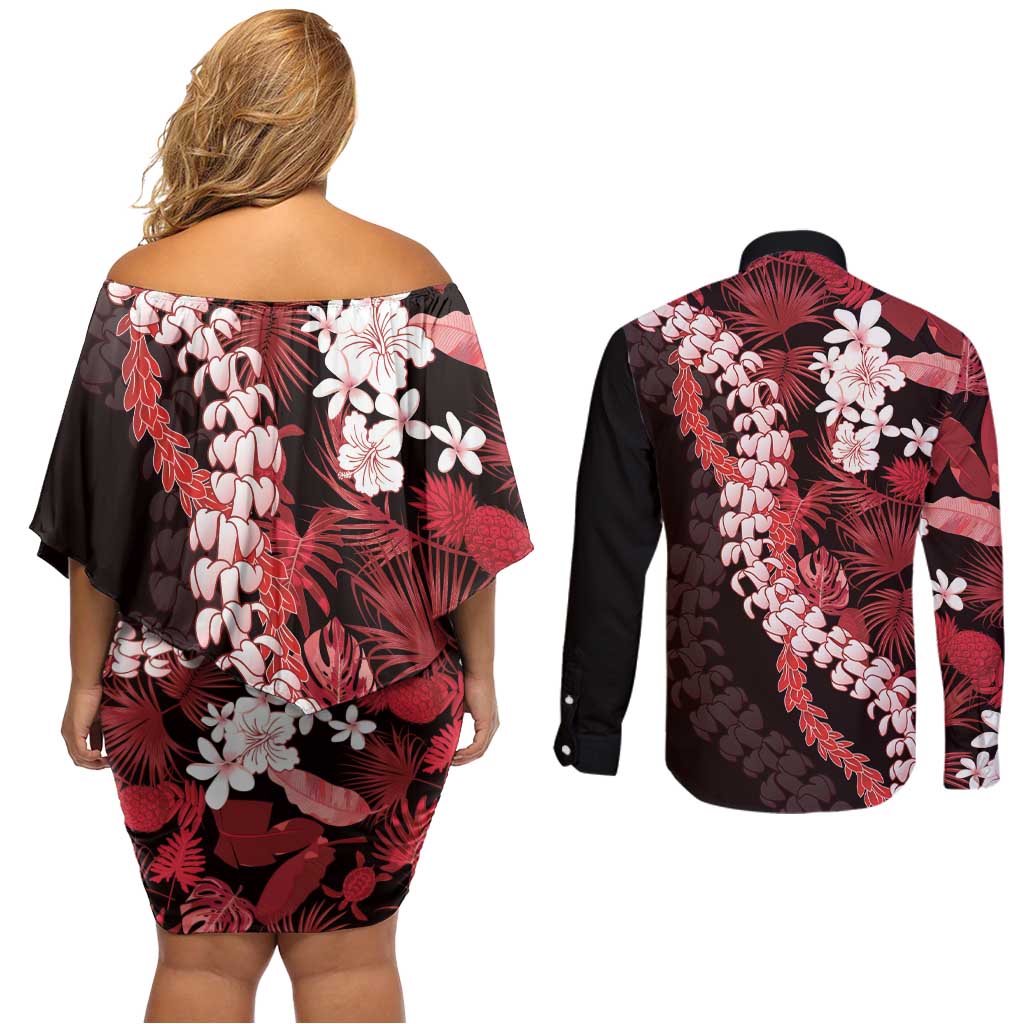 Ulaula Aloha Hawaii Lei Couples Matching Off Shoulder Short Dress and Long Sleeve Button Shirt Tropical Flowers Elegant Vibe LT14 - Polynesian Pride