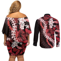 Ulaula Aloha Hawaii Lei Couples Matching Off Shoulder Short Dress and Long Sleeve Button Shirt Tropical Flowers Elegant Vibe LT14 - Polynesian Pride
