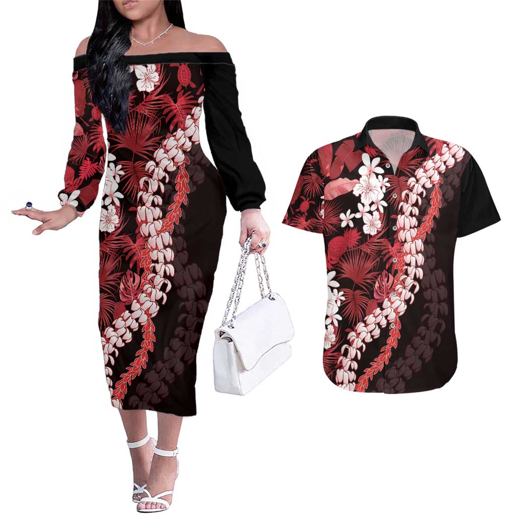 Ulaula Aloha Hawaii Lei Couples Matching Off The Shoulder Long Sleeve Dress and Hawaiian Shirt Tropical Flowers Elegant Vibe - Polynesian Pride