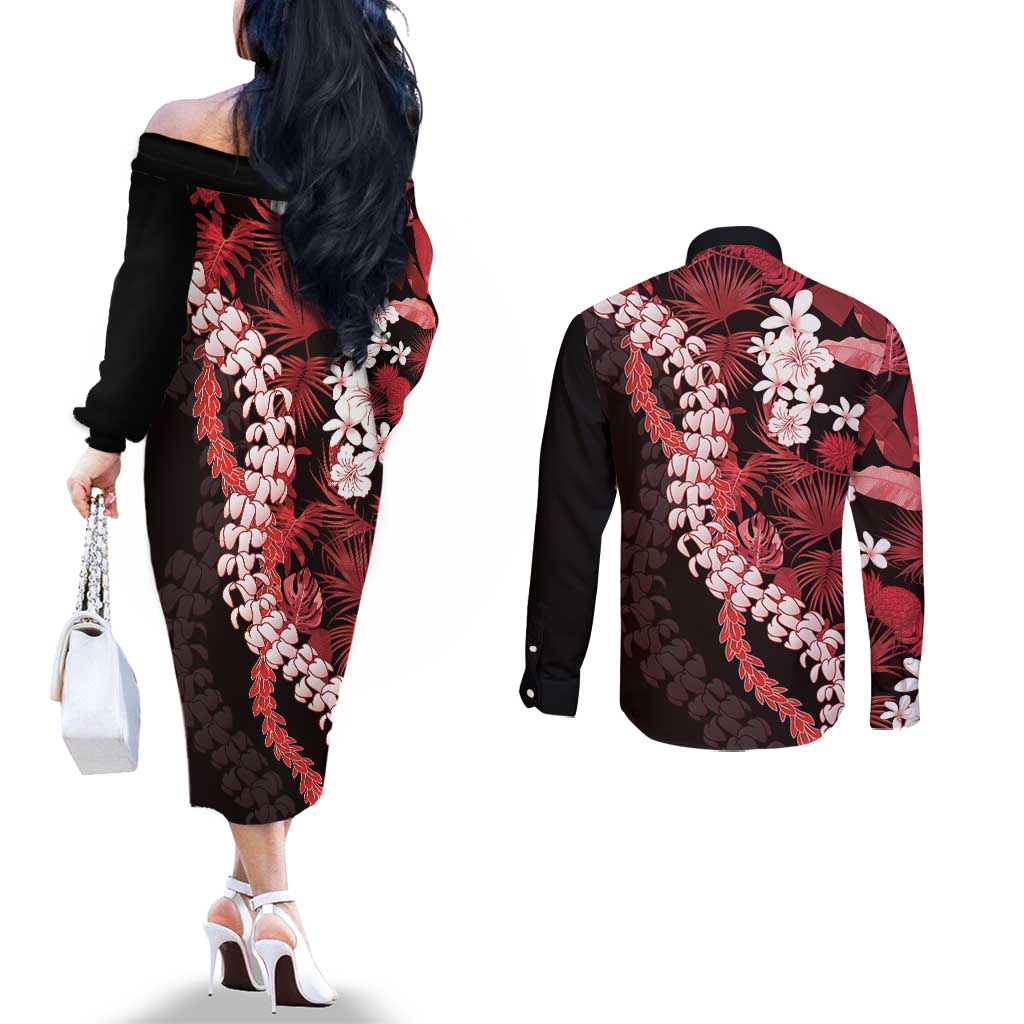 Ulaula Aloha Hawaii Lei Couples Matching Off The Shoulder Long Sleeve Dress and Long Sleeve Button Shirt Tropical Flowers Elegant Vibe LT14 - Polynesian Pride