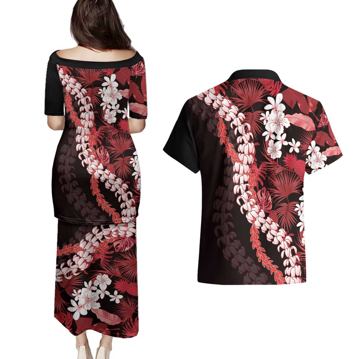 Ulaula Aloha Hawaii Lei Couples Matching Puletasi and Hawaiian Shirt Tropical Flowers Elegant Vibe LT14 - Polynesian Pride