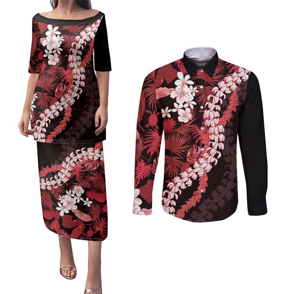 Ulaula Aloha Hawaii Lei Couples Matching Puletasi and Long Sleeve Button Shirt Tropical Flowers Elegant Vibe - Polynesian Pride