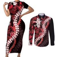 Ulaula Aloha Hawaii Lei Couples Matching Short Sleeve Bodycon Dress and Long Sleeve Button Shirt Tropical Flowers Elegant Vibe LT14 Red - Polynesian Pride