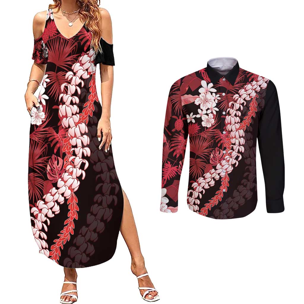 Ulaula Aloha Hawaii Lei Couples Matching Summer Maxi Dress and Long Sleeve Button Shirt Tropical Flowers Elegant Vibe - Polynesian Pride