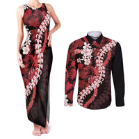Ulaula Aloha Hawaii Lei Couples Matching Tank Maxi Dress and Long Sleeve Button Shirt Tropical Flowers Elegant Vibe LT14 Red - Polynesian Pride