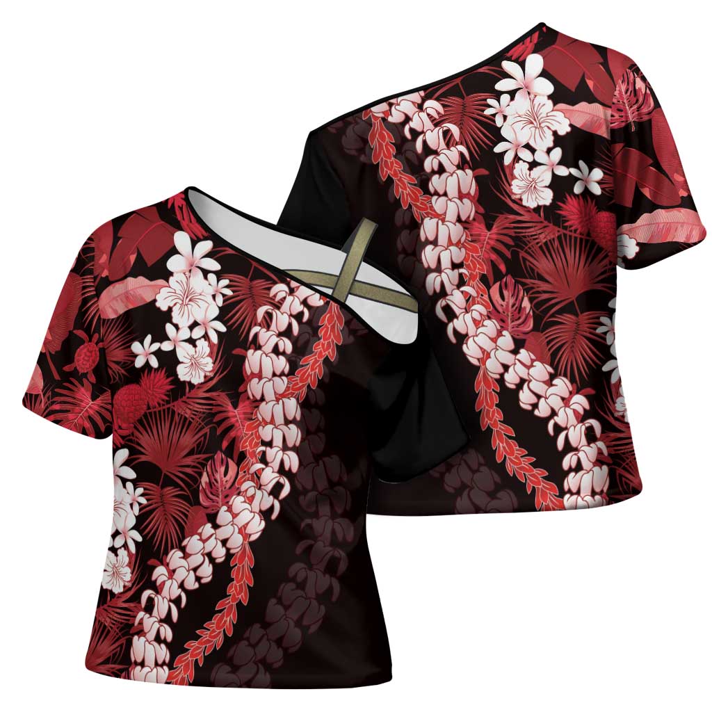 Ulaula Aloha Hawaii Lei Cross Shoulder Shirt Tropical Flowers Elegant Vibe - Polynesian Pride