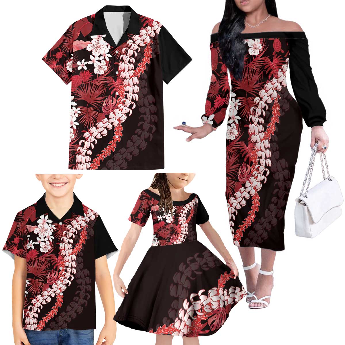 Ulaula Aloha Hawaii Lei Family Matching Off The Shoulder Long Sleeve Dress and Hawaiian Shirt Tropical Flowers Elegant Vibe LT14 - Polynesian Pride