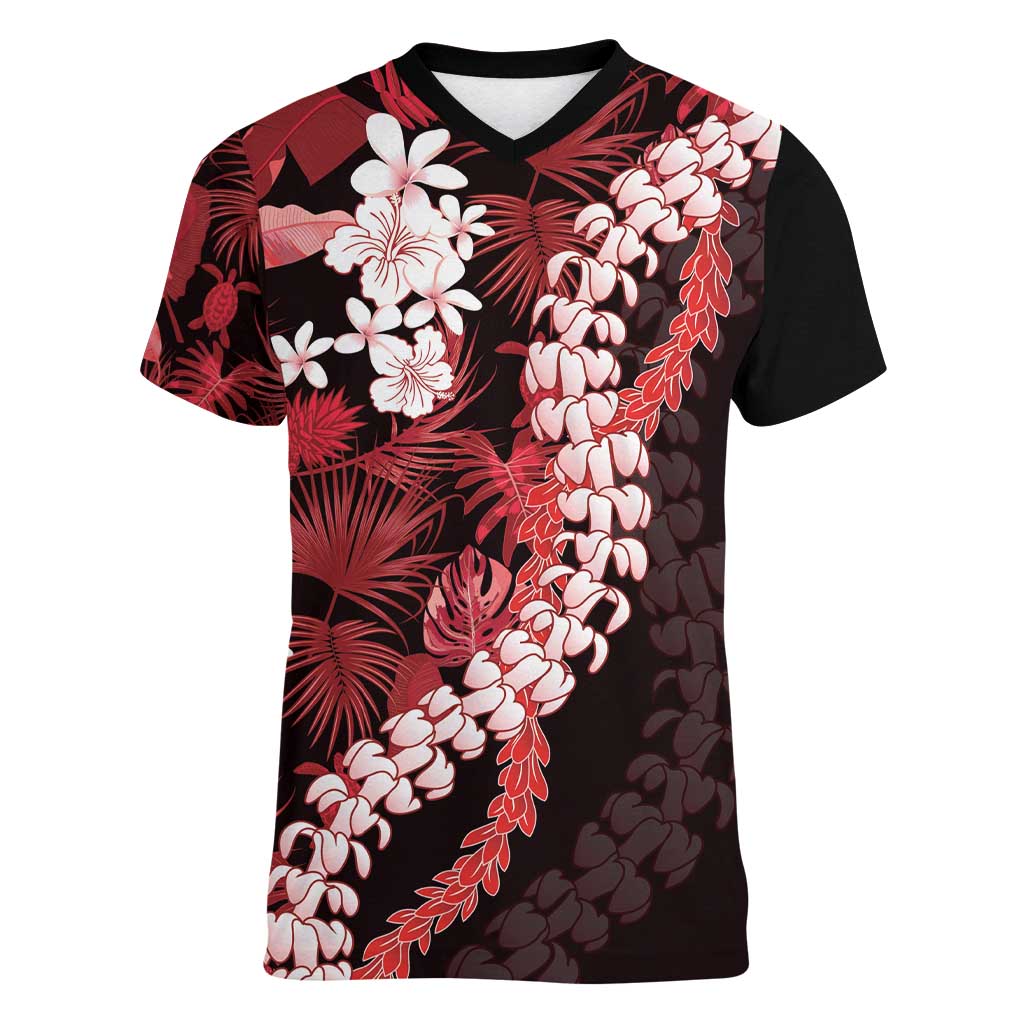 Ulaula Aloha Hawaii Lei Women V-Neck T-Shirt Tropical Flowers Elegant Vibe LT14 Female Red - Polynesian Pride