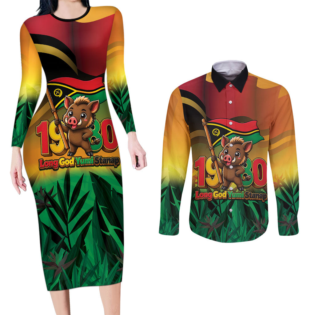 Vanuatu Independence Day Couples Matching Long Sleeve Bodycon Dress and Long Sleeve Button Shirt Chibi Boar Proud To Be A Ni-Van LT14 Multicolor - Polynesian Pride