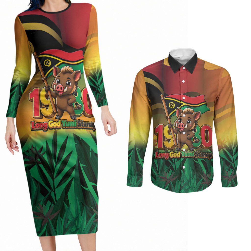 Vanuatu Independence Day Couples Matching Long Sleeve Bodycon Dress and Long Sleeve Button Shirt Chibi Boar Proud To Be A Ni-Van LT14 Multicolor - Polynesian Pride