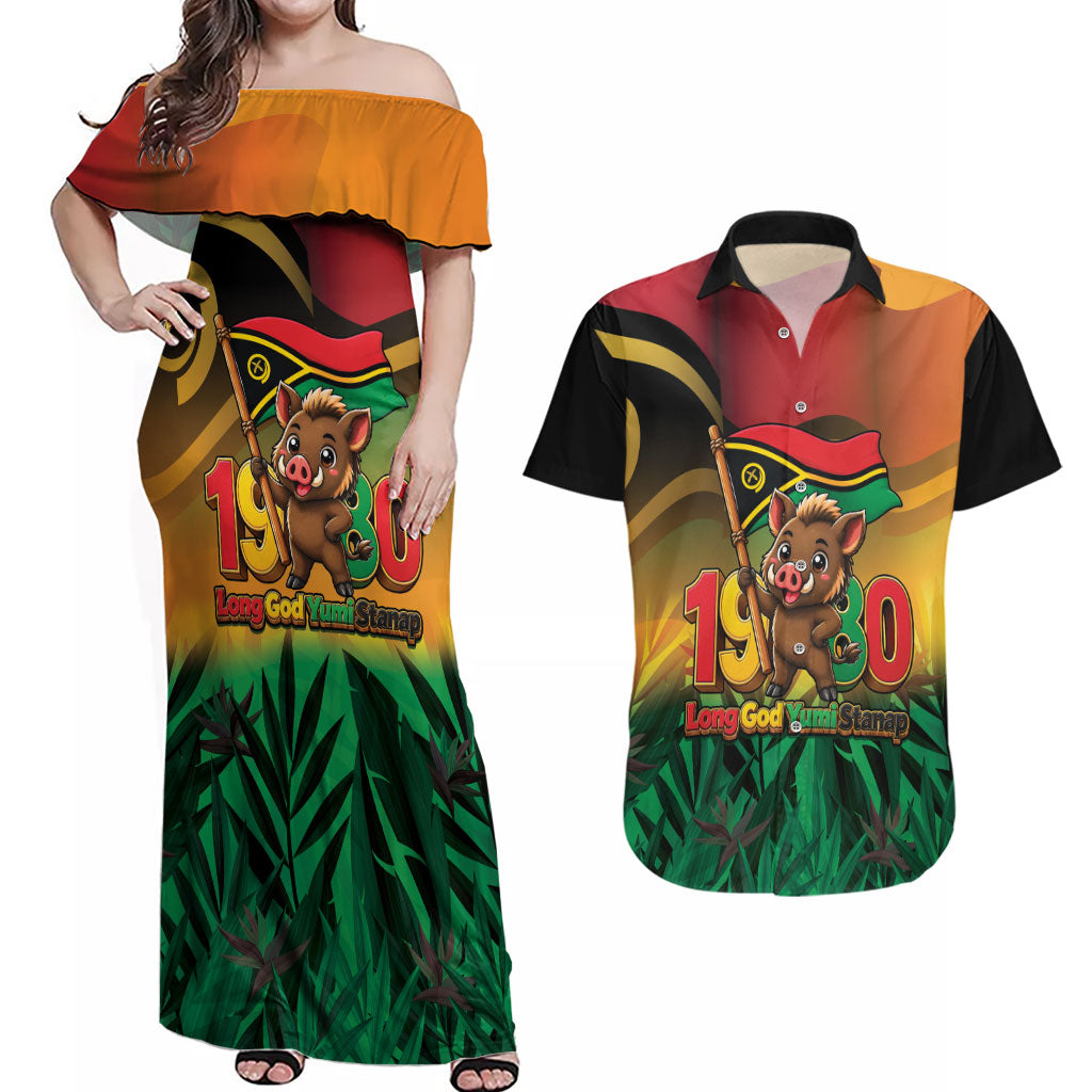 Vanuatu Independence Day Couples Matching Off Shoulder Maxi Dress and Hawaiian Shirt Chibi Boar Proud To Be A Ni-Van LT14 Multicolor - Polynesian Pride
