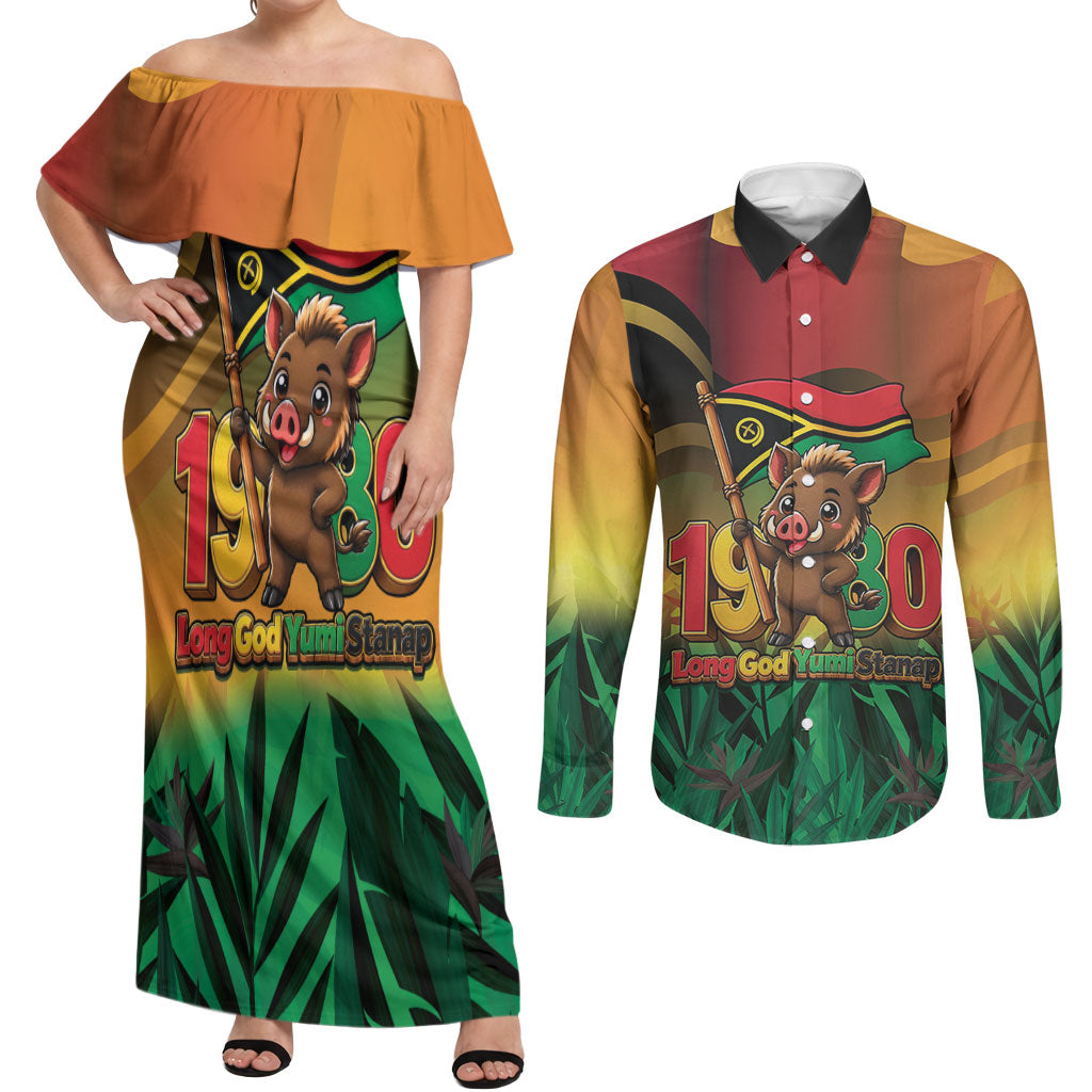 Vanuatu Independence Day Couples Matching Off Shoulder Maxi Dress and Long Sleeve Button Shirt Chibi Boar Proud To Be A Ni-Van LT14 Multicolor - Polynesian Pride