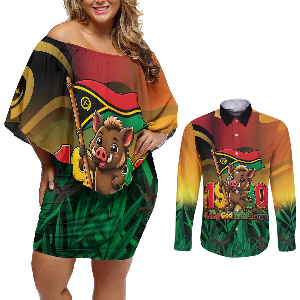 Vanuatu Independence Day Couples Matching Off Shoulder Short Dress and Long Sleeve Button Shirt Chibi Boar Proud To Be A Ni-Van LT14 Multicolor - Polynesian Pride