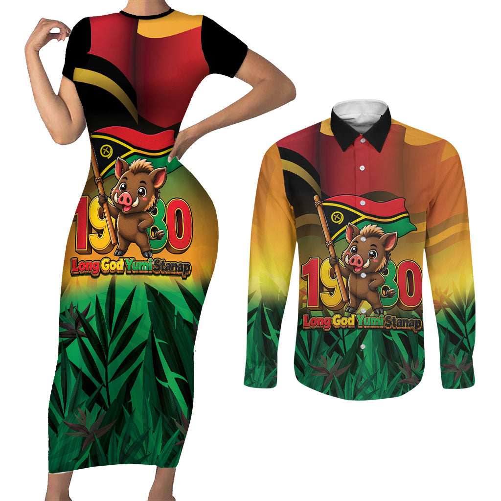 Vanuatu Independence Day Couples Matching Short Sleeve Bodycon Dress and Long Sleeve Button Shirt Chibi Boar Proud To Be A Ni-Van LT14 Multicolor - Polynesian Pride