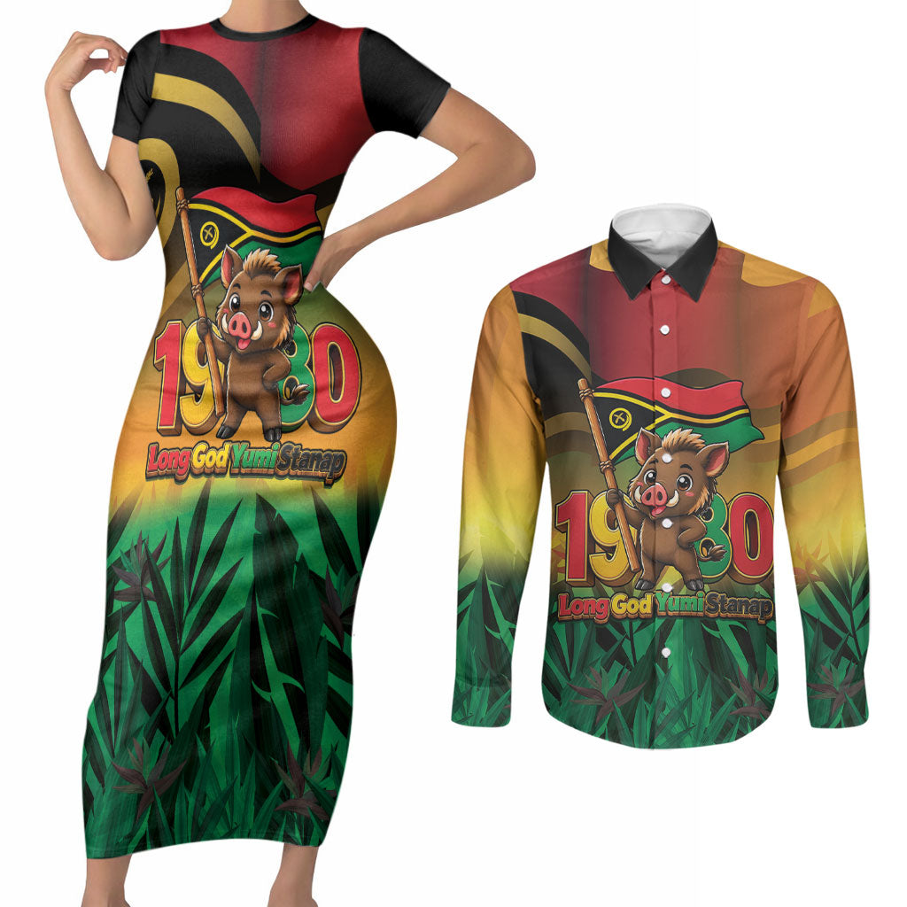 Vanuatu Independence Day Couples Matching Short Sleeve Bodycon Dress and Long Sleeve Button Shirt Chibi Boar Proud To Be A Ni-Van LT14 Multicolor - Polynesian Pride
