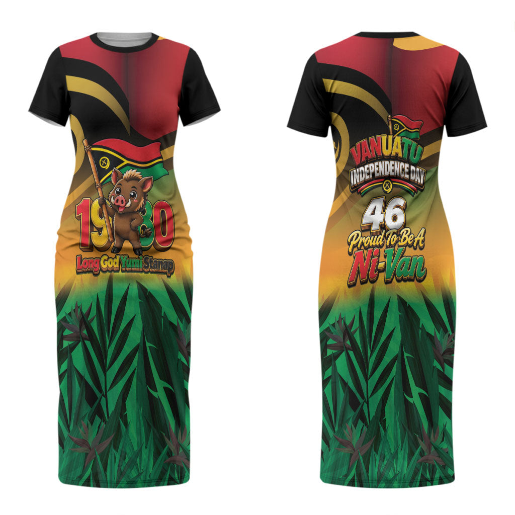 Vanuatu Independence Day Couples Matching Short Sleeve Bodycon Dress and Long Sleeve Button Shirt Chibi Boar Proud To Be A Ni-Van LT14 - Polynesian Pride