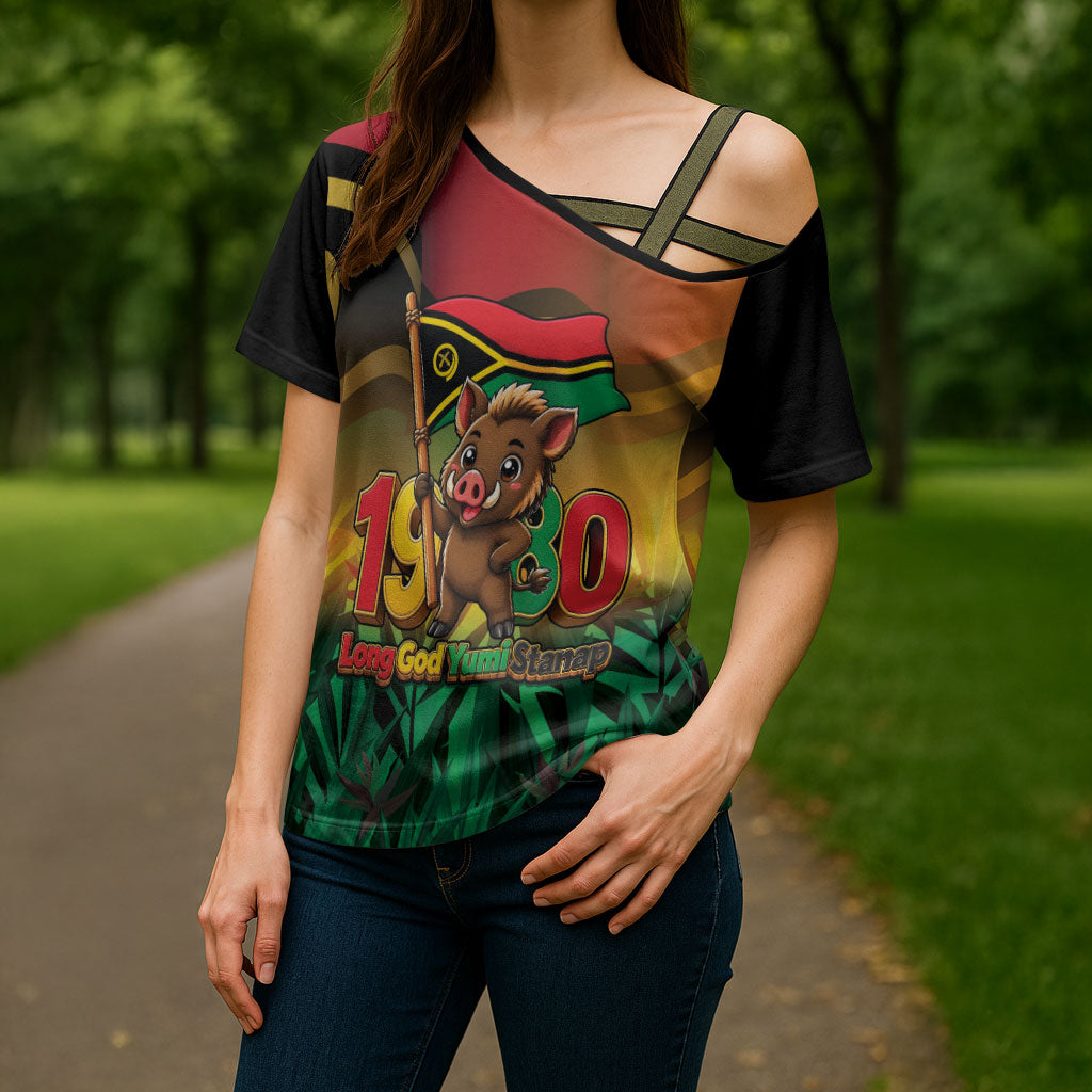 Vanuatu Independence Day Cross Shoulder Shirt Chibi Boar Proud To Be A Ni-Van LT14 - Polynesian Pride