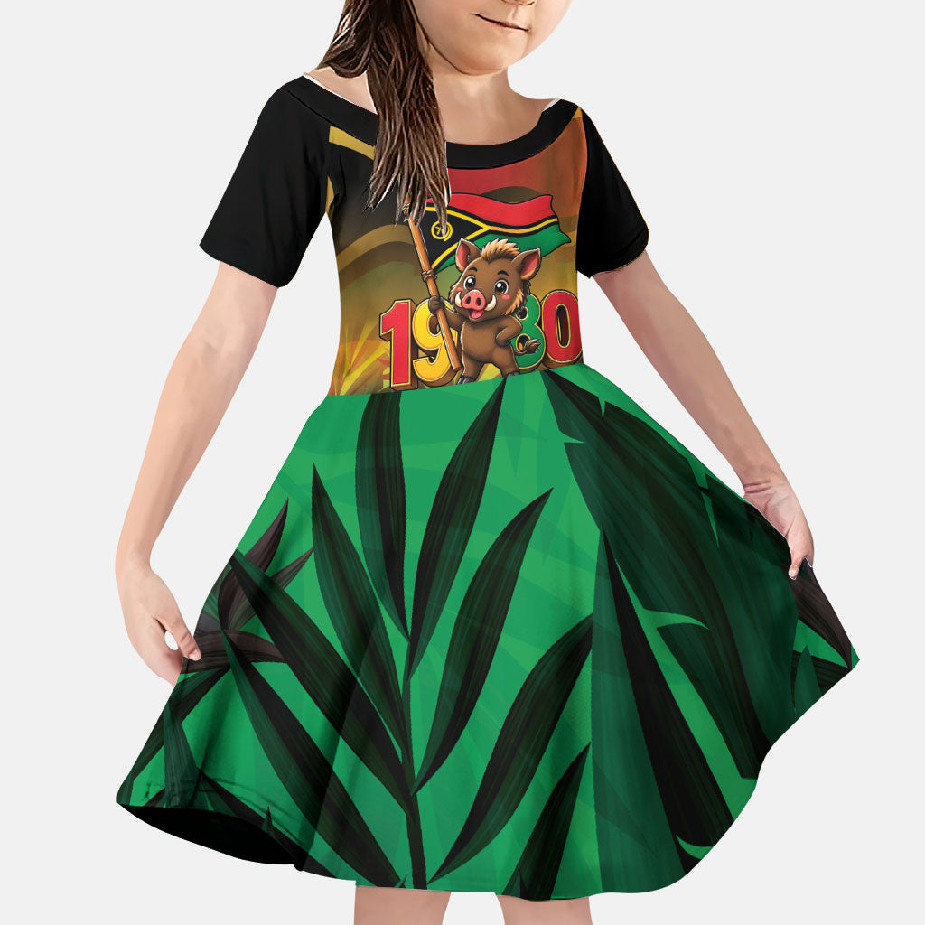 Vanuatu Independence Day Family Matching Off The Shoulder Long Sleeve Dress and Hawaiian Shirt Chibi Boar Proud To Be A Ni-Van LT14 Daughter's Dress Multicolor - Polynesian Pride