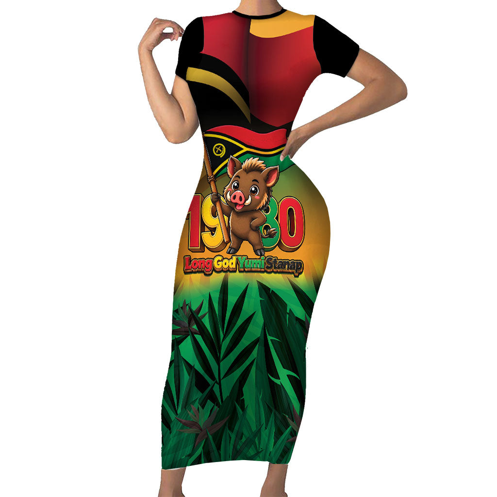 Vanuatu Independence Day Family Matching Short Sleeve Bodycon Dress and Hawaiian Shirt Chibi Boar Proud To Be A Ni-Van LT14 Mom's Dress Multicolor - Polynesian Pride