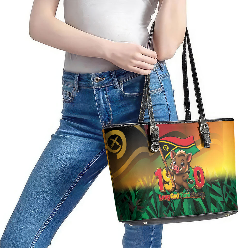 Vanuatu Independence Day Leather Tote Bag Chibi Boar Proud To Be A Ni-Van LT14 - Polynesian Pride